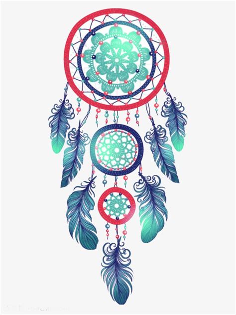 A Drawing Of A Dream Catcher With Feathers On The Front And Back Side In Red Blue And Green