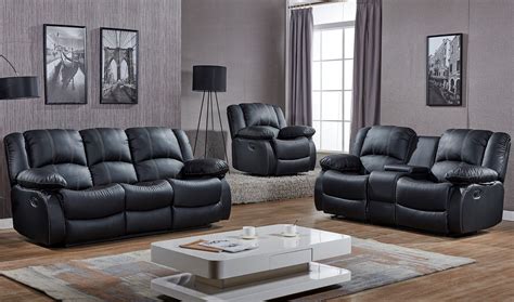 Bromham Black Faux Leather Dual Reclining Sofa Set With Center Storage