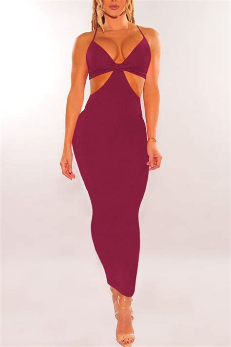 Burgundy Sexy Solid Hollowed Out Patchwork Spaghetti Strap Pencil Skirt