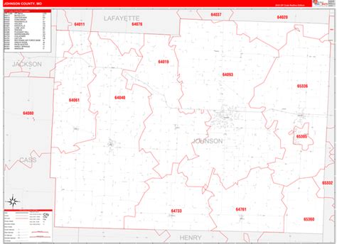 Johnson County Mo Zip Code Wall Map Red Line Style By Marketmaps