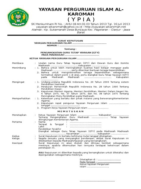 Contoh Sk Guru Tetap Yayasan Madrasah Format Doc