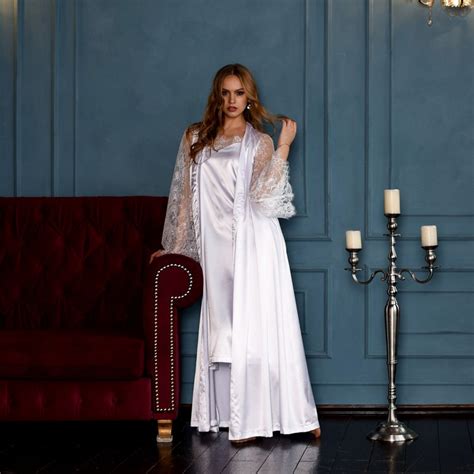 White Bridal Satin Peignoir Set Long Lace Robe And Nightgown Etsy