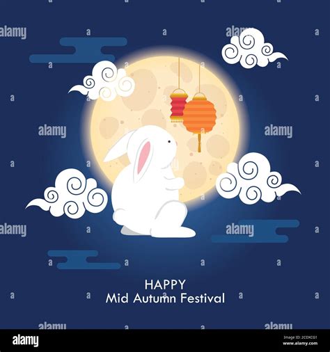 Rabbit With Moon Clouds And Lanterns Of Happy Mid Autumn Festival