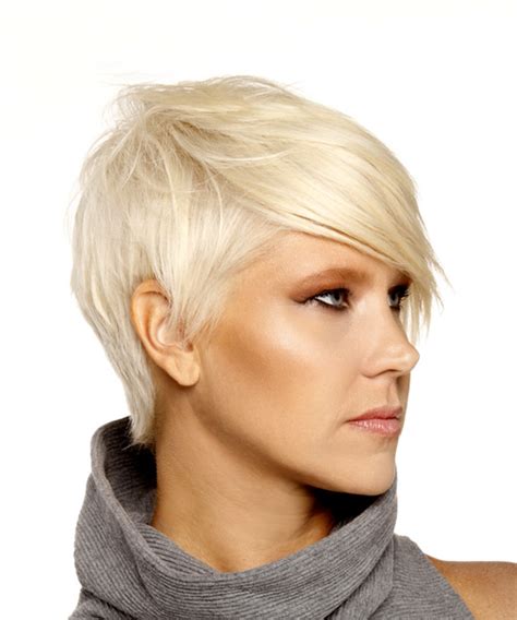 short straight formal pixie hairstyle with side swept bangs light platinum blonde hair color