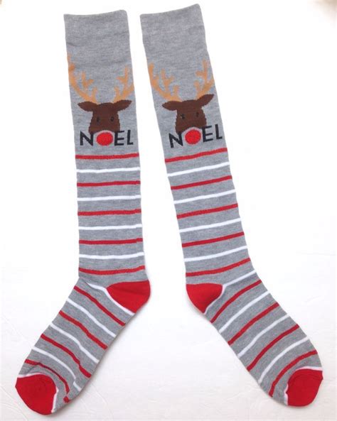 New Womens Noel Reindeer Christmas Socks Knee High Rudolph Striped