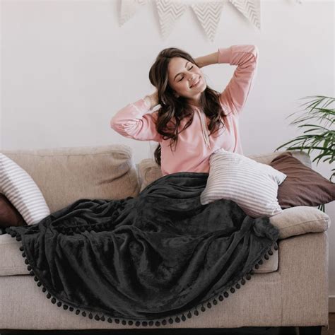 Pavilia Fleece Pom Pom Blanket Throw For Sofa Bed Soft Lightweight