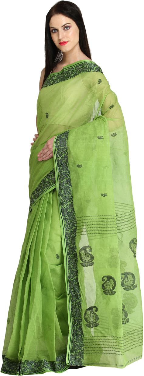 Parrot Green Tant Sari From Bengal With Woven Floral Border And