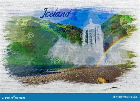 Waterfall Skogafoss And Rainbow In Iceland Watercolor Painting Stock