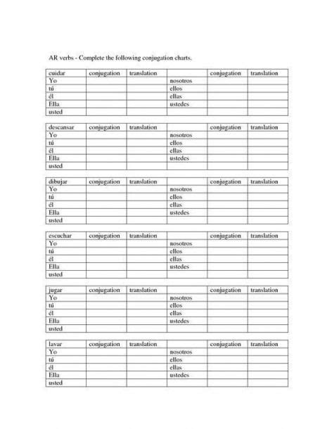 Blank Spanish Conjugation Charts With All Conjugations In With