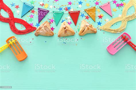Purim Celebration Concept Over Wooden Blue Background Stock Photo