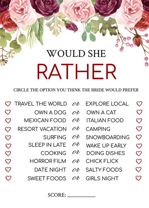 Would She Rather Bridal Shower Game Free Printable