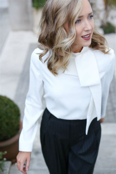 ivory bow tie neck blouse women style professional outfits