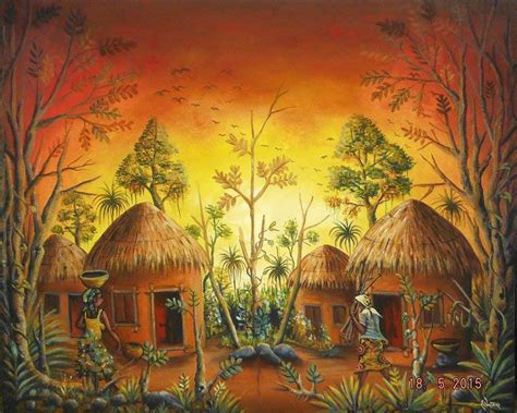 African Village At Sunset Art Cameroon African Paintings