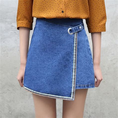 Yichaoyiliang Women A Line Embroidery Denim Skirts High Waist Patchwork Asymmetric Jeans Skirts