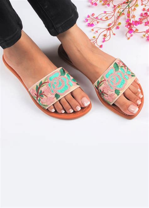 Get Two Tone Floral Embroidered Nude Slides At 999 LBB Shop