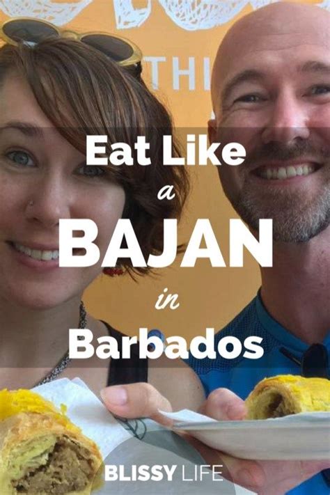 a man and woman holding food in their hands with the caption eat like a bajaan in barbados