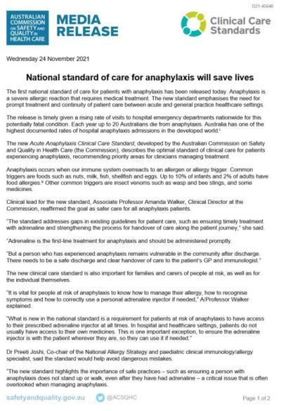 Media Release National Standard Of Care For Anaphylaxis Will Save
