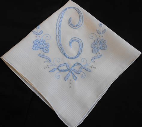 C Monogram Hanky Vintage Blue And Gray Embroidery Cutwork White Etsy