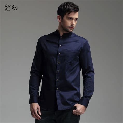 Modern Mandarin Collar Snap Button Shirt Dark Blue