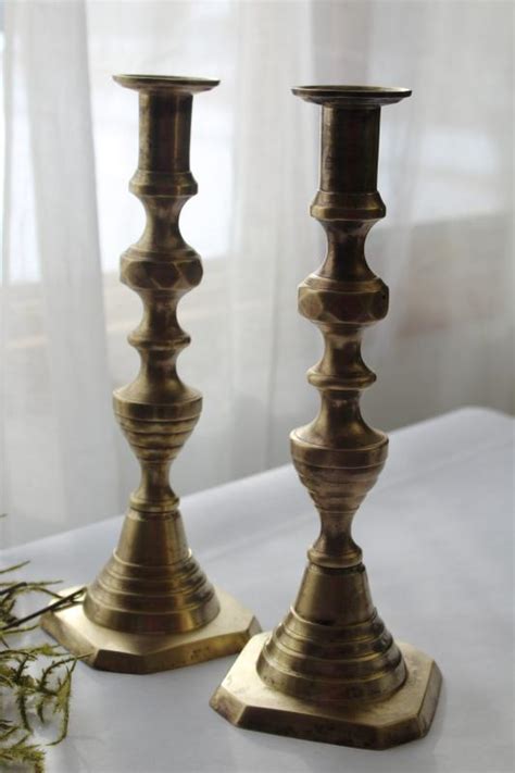 Antique Brass Candlesticks Marked Solid English Victorian Vintage