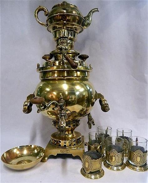 Russian Brass Samovar Set With Tea Glasses And Teapot Brass Metalware