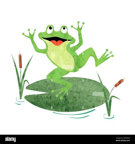 Cartoon Frog On Lily Pad Vector Watercolor Illustration Stock Vector