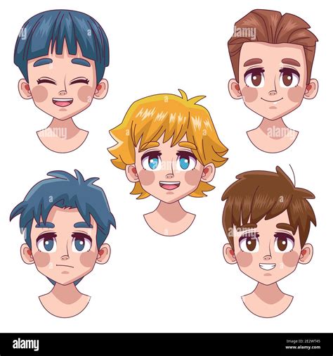Group Of Five Cute Youngs Boys Teenagers Manga Anime Heads Characters