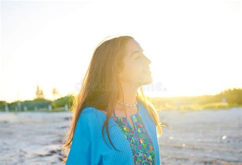 Latin Beautiful Girl Happy In Beach Sunset Stock Image Image Of