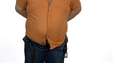 Fat Guy Fasten Small Size Jeans Overweight Man Isolated On White