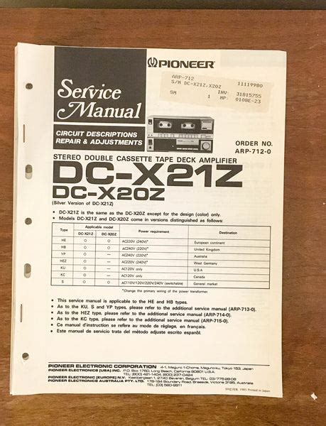 Pioneer Ct X21z X20z Cassette Deck Service Manual Original Vintage