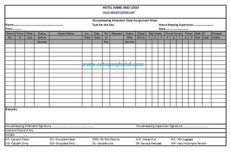 Room Attendant Sheet Maid Daily Assignment Sheet Housekeeping