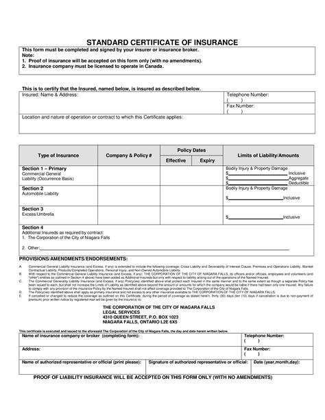 Certificate Of Insurance Form Template