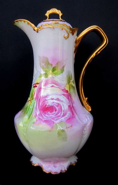 Limoges Antique Chocolate Pot W Roses Artist Signed Rancon Chocolate
