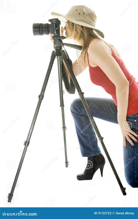Woman With Photo Camera And Tripod Stock Photo Image Of Woman