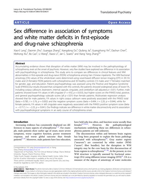 pdf sex difference in association of symptoms and white matter deficits in first episode and