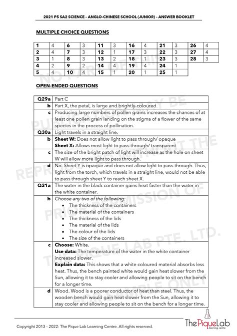 2021 P5 Science Sa2 Answer Set The Pique Lab