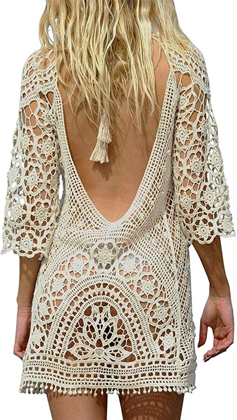 Womens Bathing Suit Cover Up Sexy Handmade Knitted Crochet Tassel