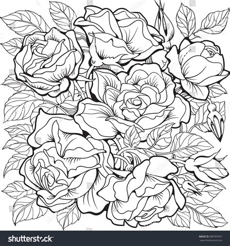 Rose Flowers Coloring Page Line Art Stock Vector Royalty Free