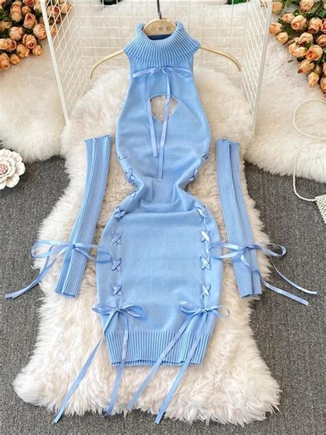women sexy sweater dress open chest backless ribbon strap tops turtleneck long sleeve lacing up
