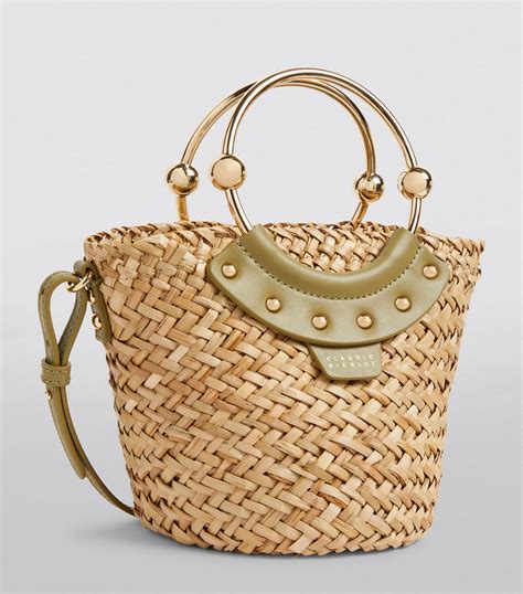 Womens Claudie Pierlot Green Small Leather Trim Raffia Basket Bag