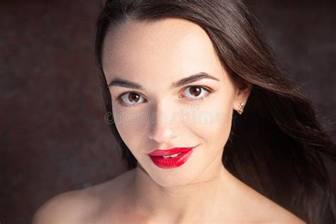 Beautiful Young Woman With Red Lipstick Closeup Portrait Fashion Beauty Spa Cosmetology