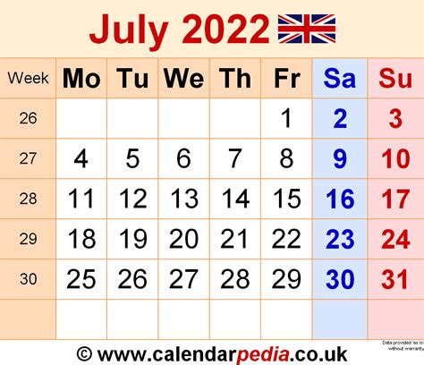 Calendar July 2022 Uk With Excel Word And Pdf Templates