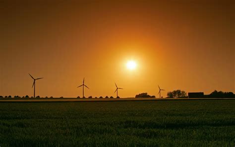 Wind Turbines Evening Sunlight Energy Sunset 4k Hd Wallpaper Rare
