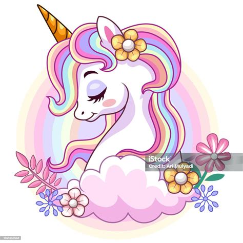 Cartoon Beautiful Unicorn Head Is On The Cloud With Beautiful Flowers