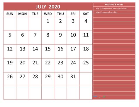 Printable July 2020 Calendar With Holidays Word