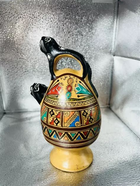 Vintage Cusco Peru Art Pottery Chicha Jaguar Llamas Snake Jug