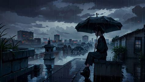 1620x216 HD Sad Anime Girl In Dark Rain 1620x216 Resolution Wallpaper