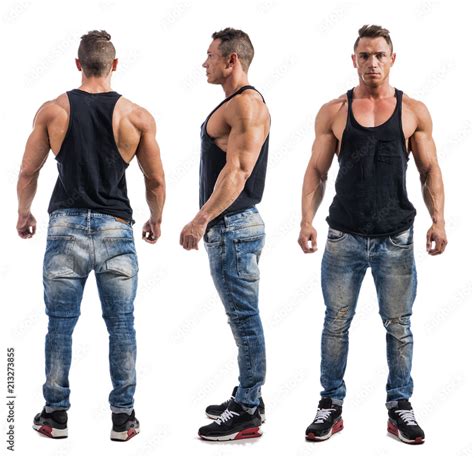 Three Views Of Muscular Male Bodybuilder Back Front And Profile Shot