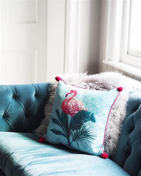 Flamingo Cushion Blue Sofa Kitsch Home Decor Inspiration Colourful