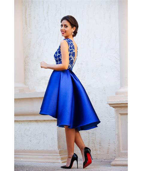 Amazing Royal Blue Lace Satin Cocktail Dresses Open Back Deep V Neckline Sexy Short Party Gowns